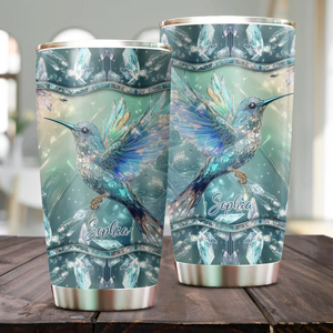 Crystal Radiance Iridescent Hummingbird Glass Art Personalized Name Tumbler