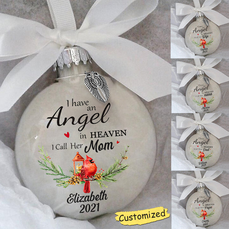 PERSONALIZED COMMEMORATE ORNAMENTS FEATHER BALL - ANGEL IN HEAVEN MEMORIAL ORNAMENT