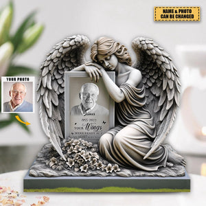 Personalized Memorial Upload Photo Angel Wings, The Moment Your Heart Stopped Mine Changed Forever Acrylic Plaque