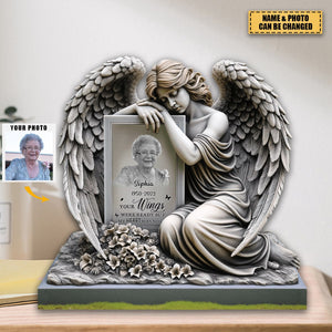 Personalized Memorial Upload Photo Angel Wings, The Moment Your Heart Stopped Mine Changed Forever Acrylic Plaque
