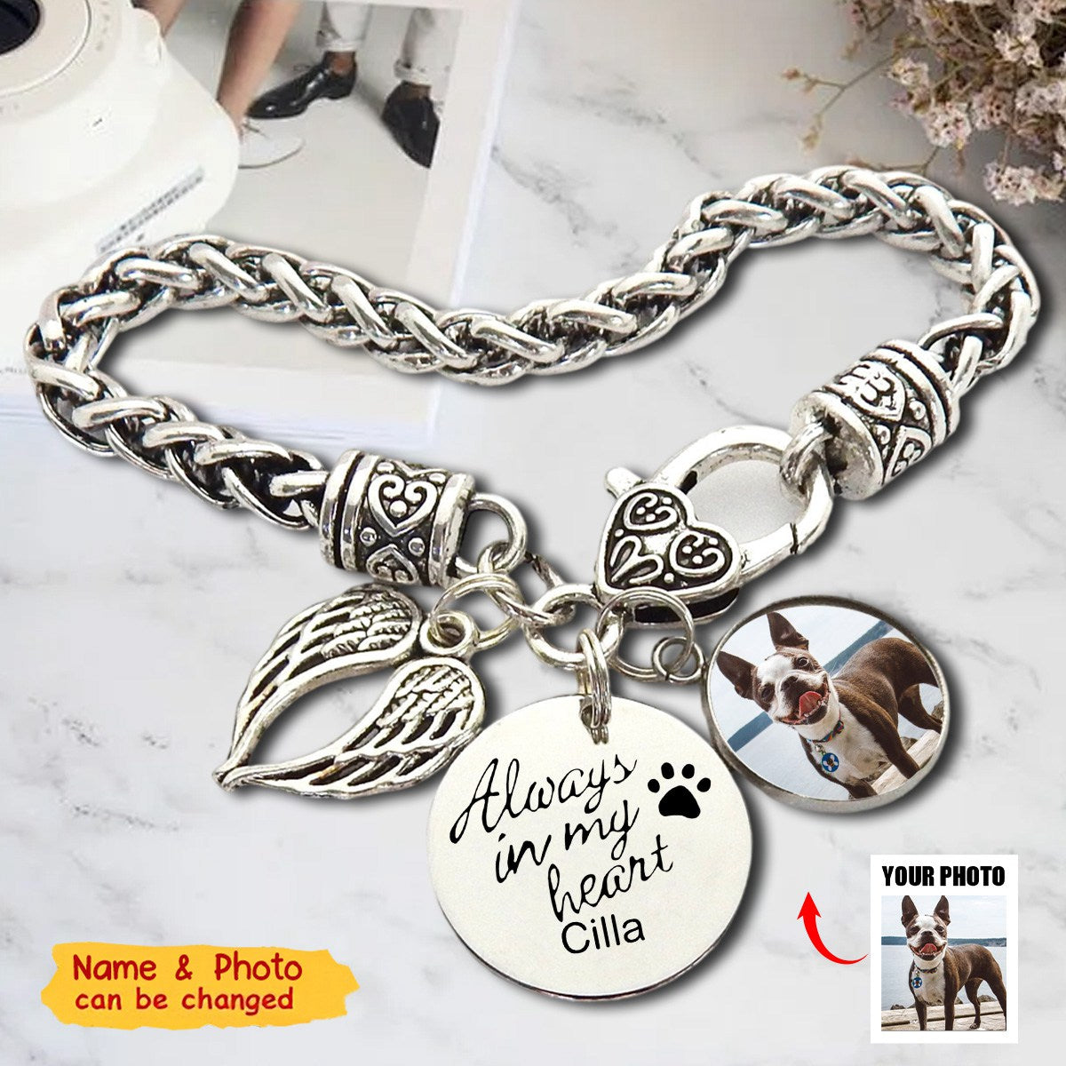 Pet Memorial Bracelet - Dog / Cat Sympathy Gift - Pet Loss Gifts - Pet Portrait Custom Gift Forever In Heart