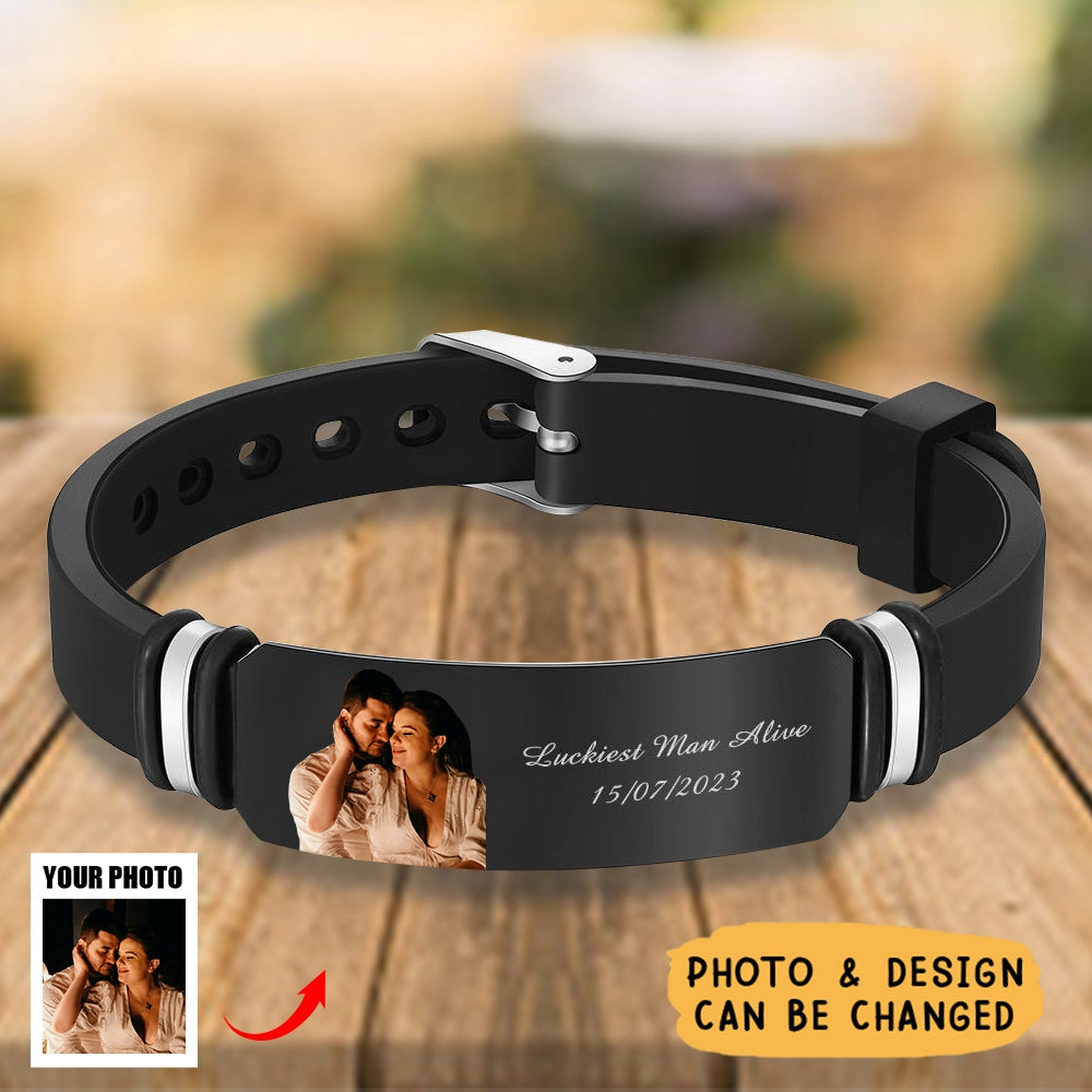 Custom Men's Photo Engraved Bracelet Wedding Gift For Anniversary Newly Married Couple Personalised Bracelet Black Filter And Color Printing Style