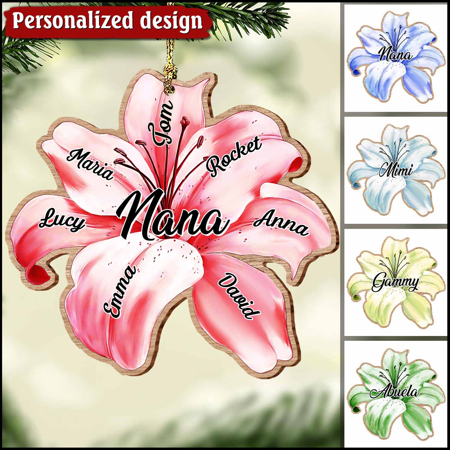 Grandma Nana With Grandkids Lily Flower Personalized Ornament
