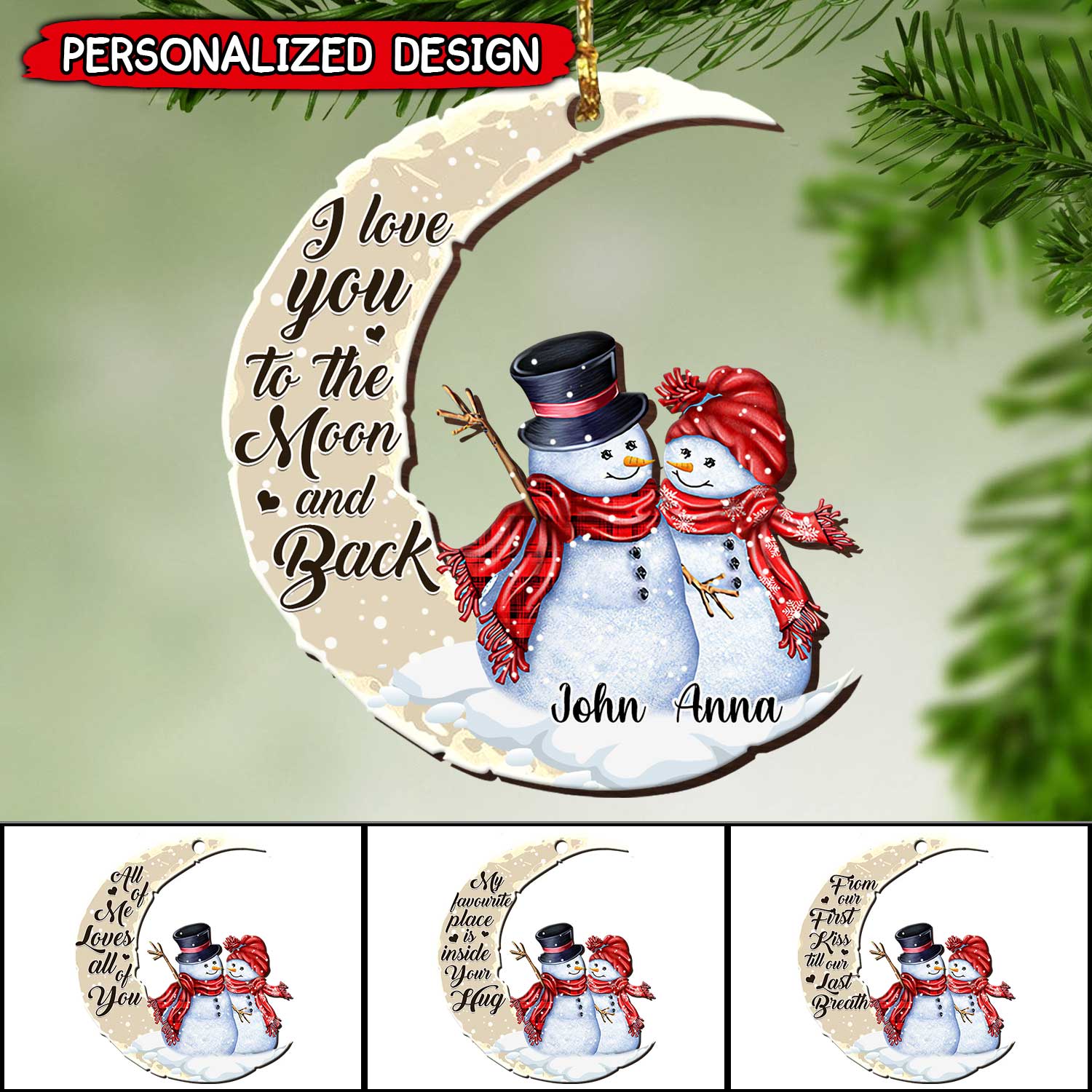 Christmas Couple Snowman, I love you to the Moon and Back Personalized Ornament
