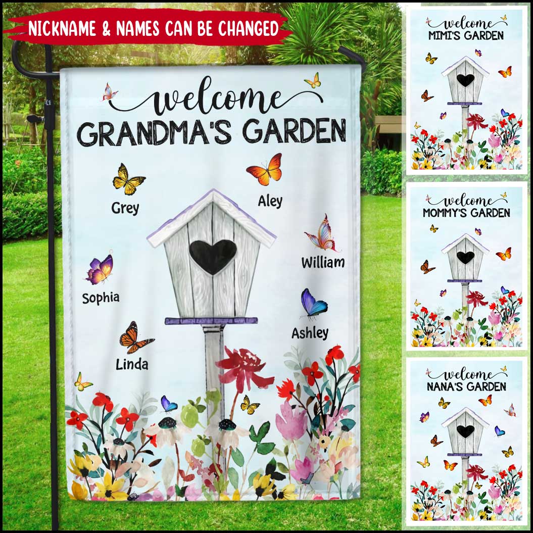Welcome Grandma's Garden With Butterfly Grandkids Personalized Grandma Mama Auntie Garden House Flag