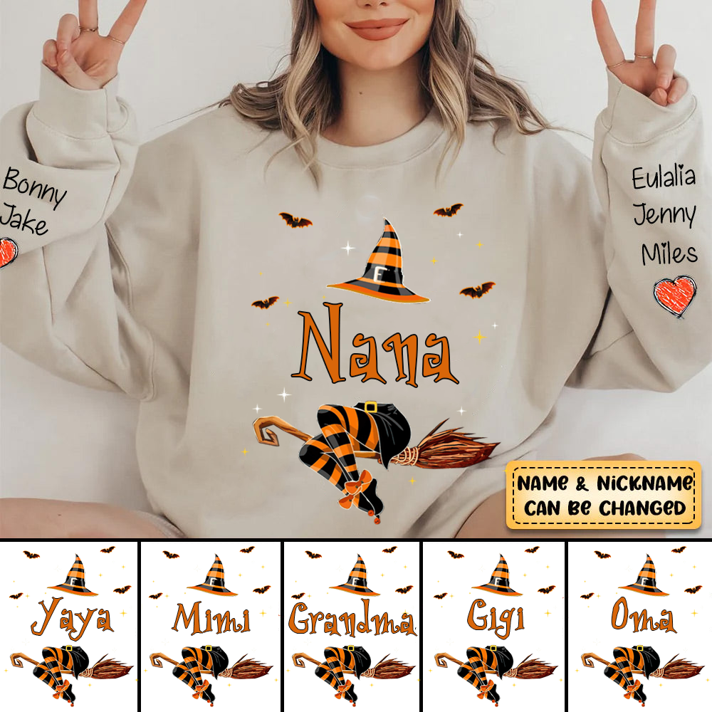 Personalized Nana Life Witch Halloween Sweatshirt Grandma With Grandkids Name On The Sleeve Halloween Sweatshirt