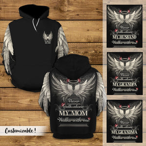 NEVER WALK ALONE MY LOVE WALKS WITH ME PERSONALIZED ALL OVER PRINT HOODIE