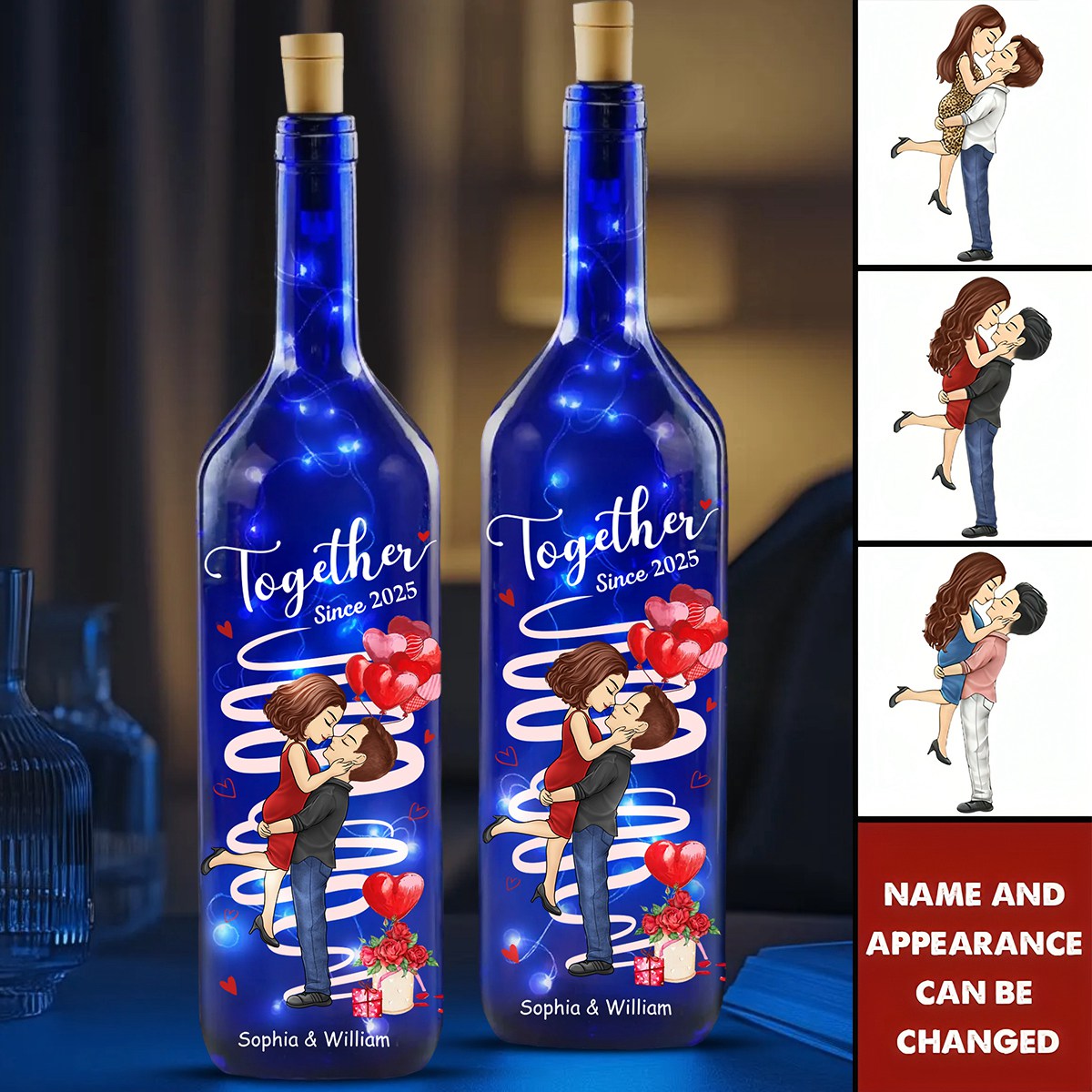 Hand In Hand, Heart To Heart, Forever Ours - Couple Personalized Blue Bottle Lamp