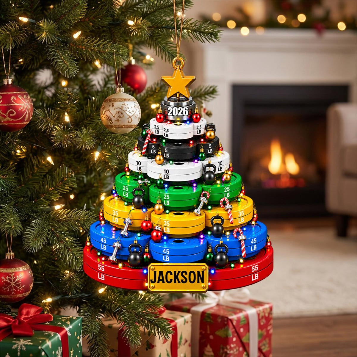 Personalized Weight Plate Acrylic Christmas Ornament, Custom Gym Name Barbell Decor, Fitness Lover Tree Keepsake Gift