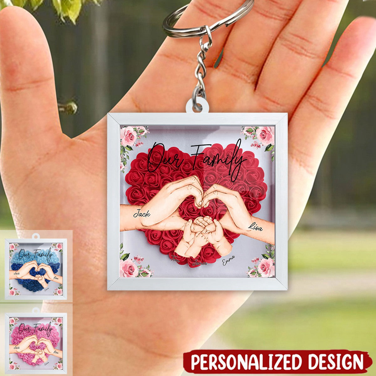 Our Family Holding Hands Heart-Shaped Flowers Frame Effect Acrylic Keychain