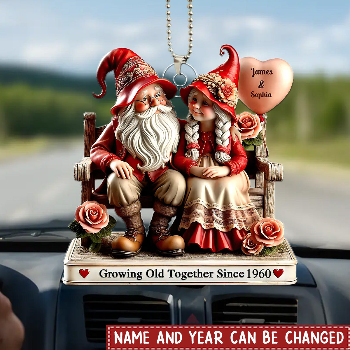 3D Effect Dwarf Old Couple Sitting On Bench Personalized Car Hanger Ornament, Valentine's Day Gift For Couple