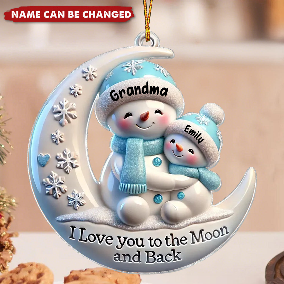 Snowmen Grandma & Hugging Grandkid On The Moon - Personalized Acrylic Flat Ornament