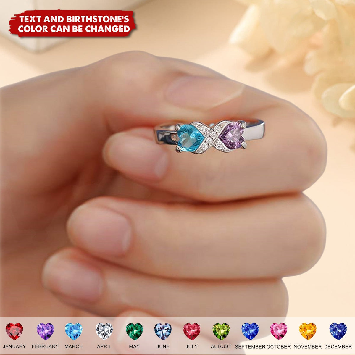 Promise Rings for Her Personalized Infinity Rings for Women with 2 Heart Birthstones Free Engraving Custom Name Engagement Rings for Mom