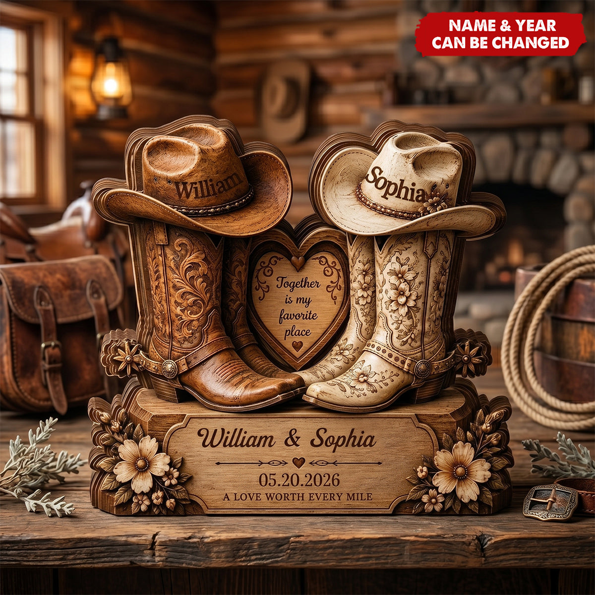 Personalized Cowboy Boots Wooden Block, Custom Couple Names, Rustic Western Decor, Anniversary Keepsake