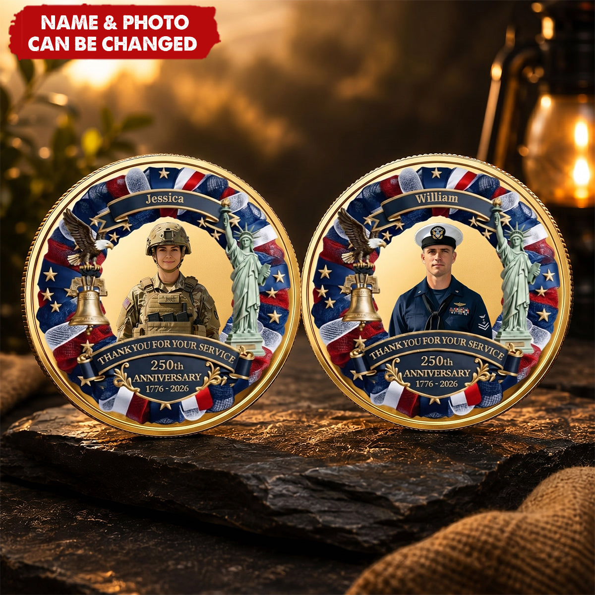 Thank You for Your Service Coin with Picture - Custom America 250 Gifts for 4th of July