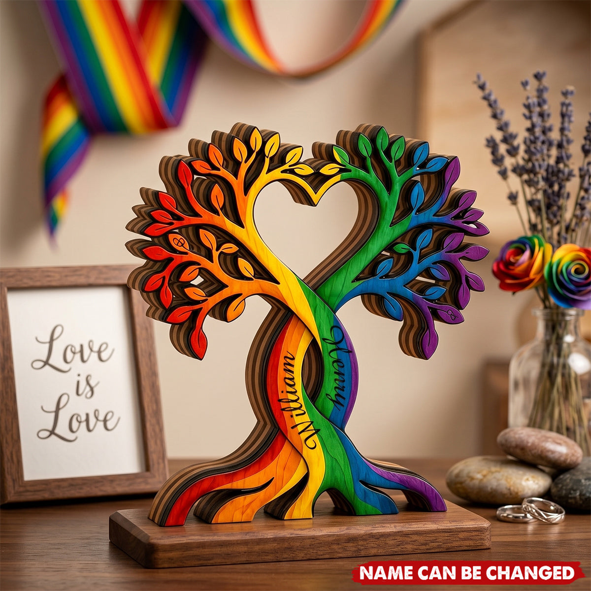 Personalized Pride Love Tree Wooden Block, LGBTQ Gift, Anniversary Keepsake