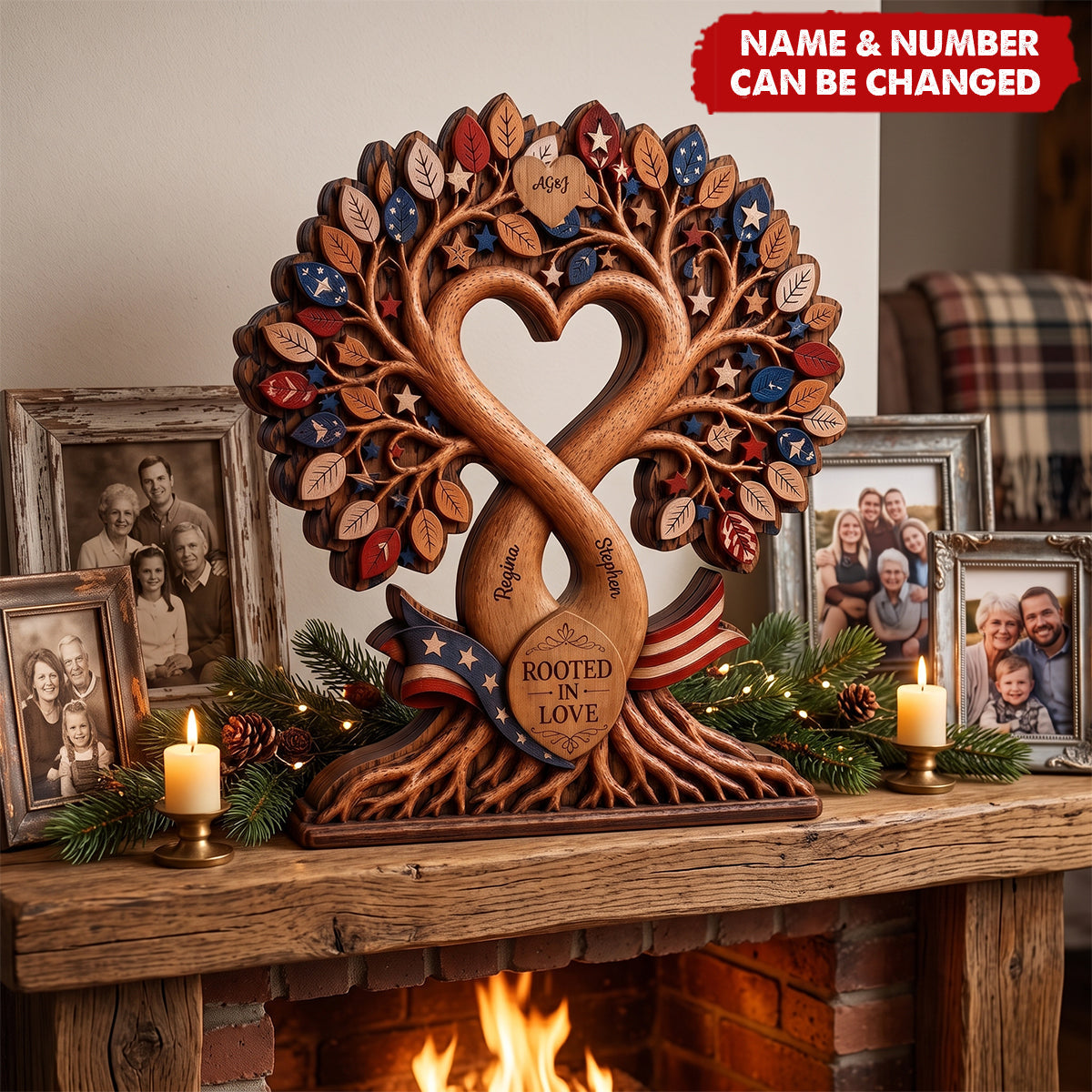 "Rooted in Love" Personalized Family Tree Wood Block - Custom Name Keepsake Gift