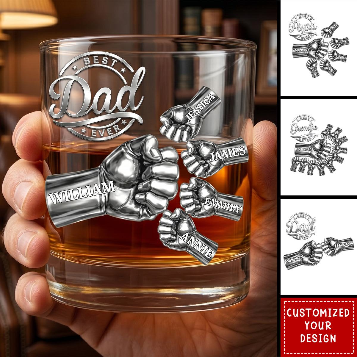 Metal Effect Best Dad Grandpa Ever - Personalized Whiskey Glass