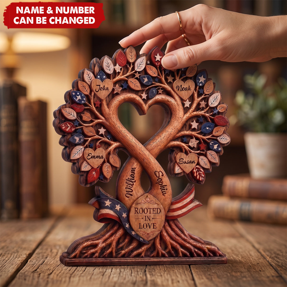 "Rooted in Love" Personalized Family Tree Wood Block - Custom Name Keepsake Gift