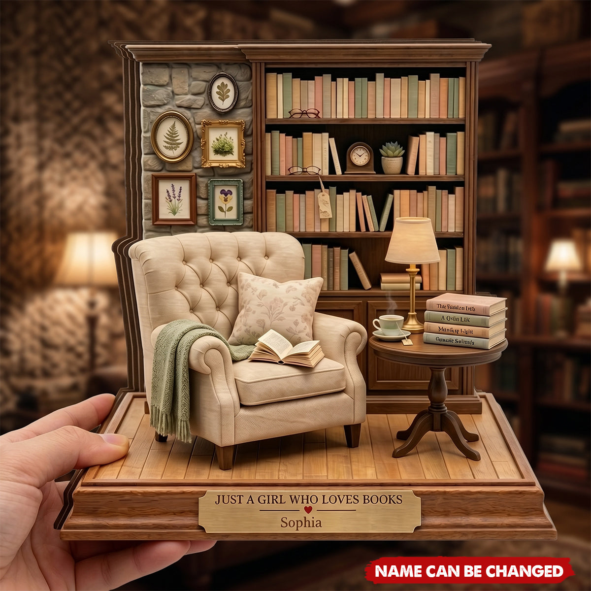 Personalized Reading Room Diorama, Mini Library Scene Wooden 4-Layer Block