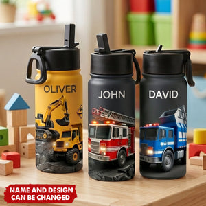 Personalized Kid Construction Vehicle Water Bottle