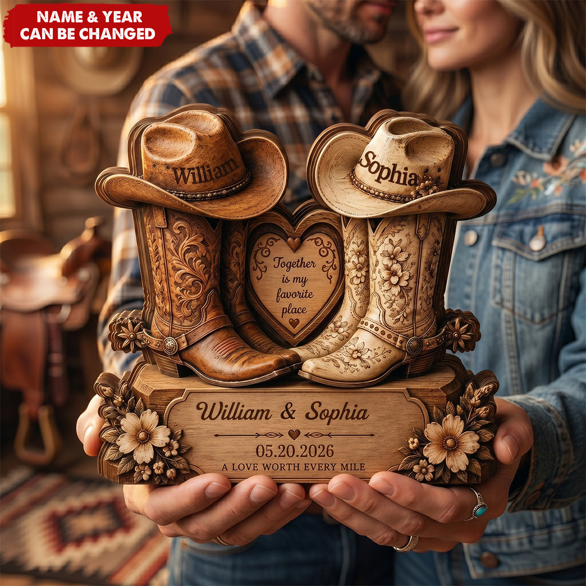 Personalized Cowboy Boots Wooden Block, Custom Couple Names, Rustic Western Decor, Anniversary Keepsake