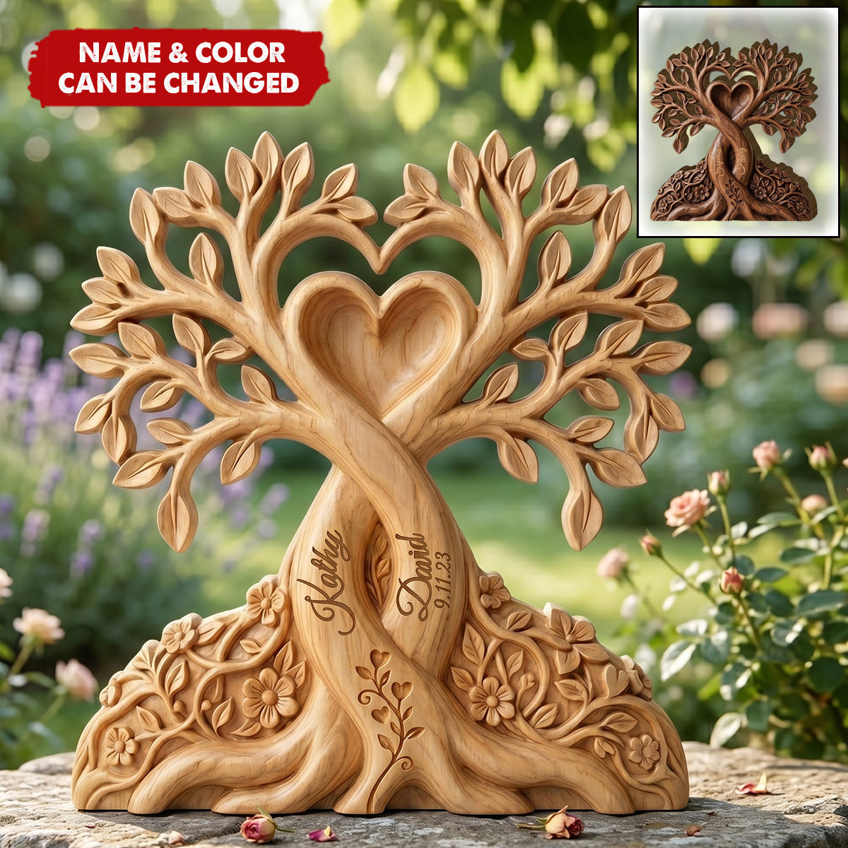 Personalized Wooden Tree of Love Plaque, Custom Couple Wooden Block, Rustic Tree Trunk Heart Sign