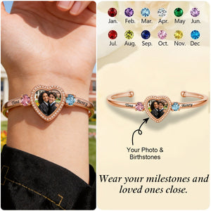 Customized Birthstone & Graduation Photo Heart Bracelet - Personalized Birthstones, Photo and Names