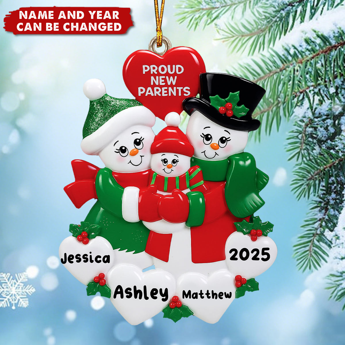 Proud New Parents Snowman - Personalized Wooden Ornament