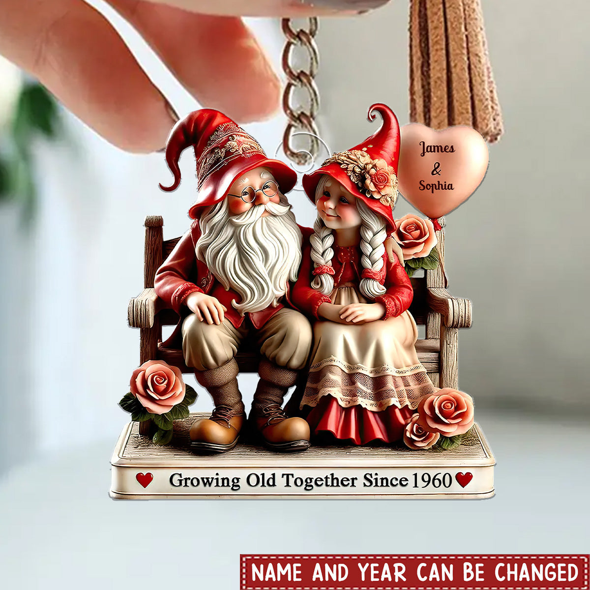 3D Effect Dwarf Old Couple Sitting On Bench Personalized Keychain, Valentine's Day Gift For Couple