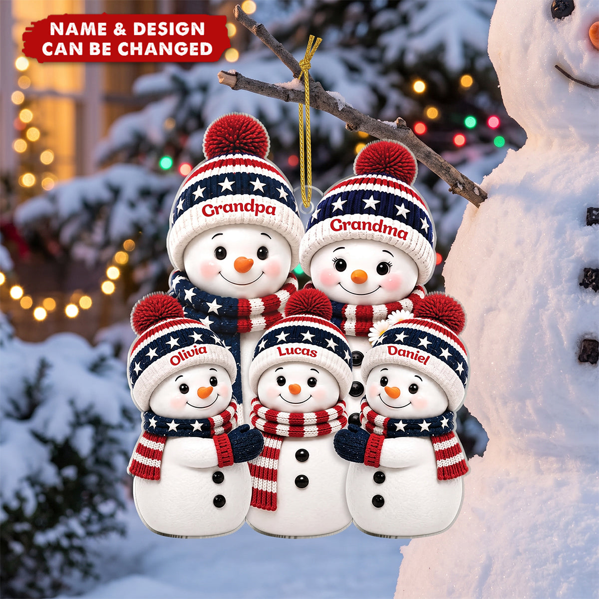 Patriotic Snowman Family Personalized Acrylic Ornament - Custom Christmas Keepsake