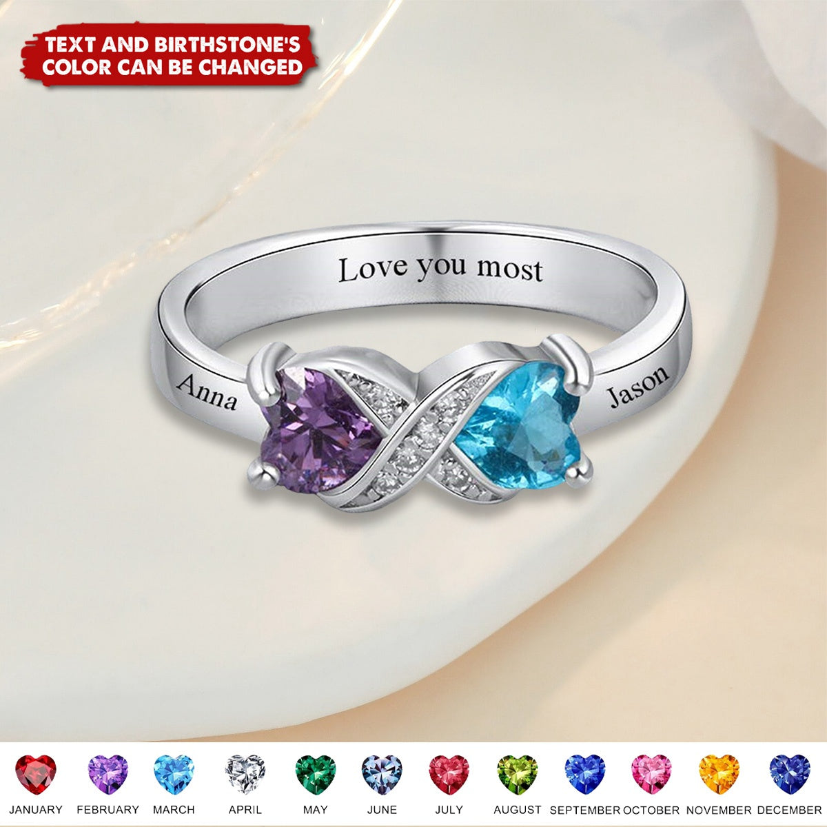 Promise Rings for Her Personalized Infinity Rings for Women with 2 Heart Birthstones Free Engraving Custom Name Engagement Rings for Mom