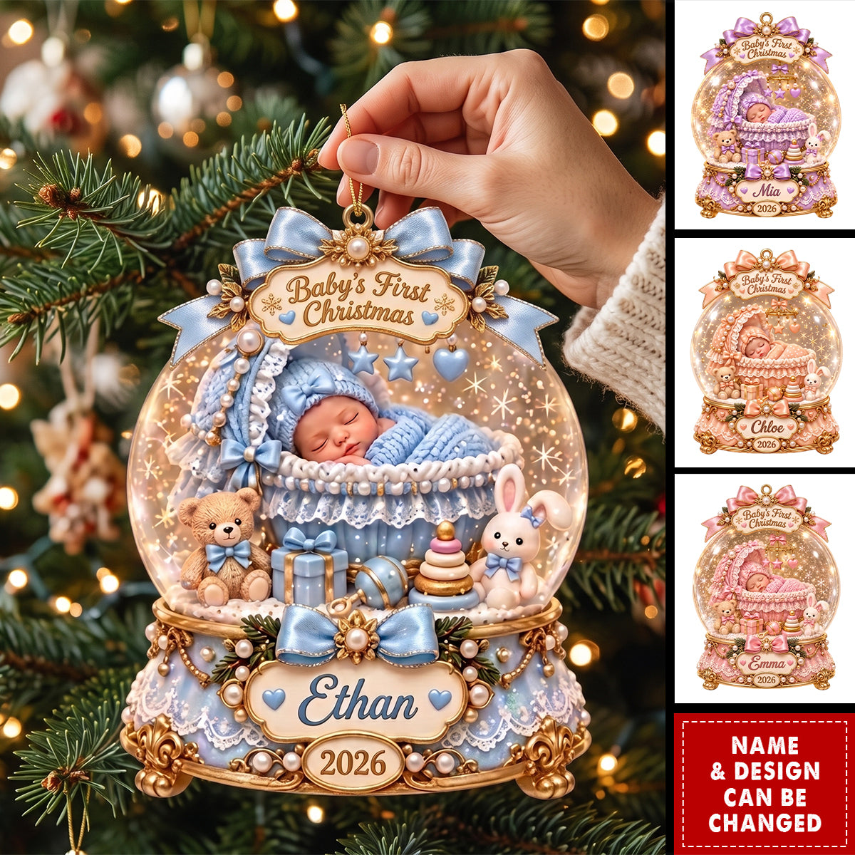 Personalized Baby First Christmas Acrylic Ornament , Custom Name Snow Globe Keepsake
