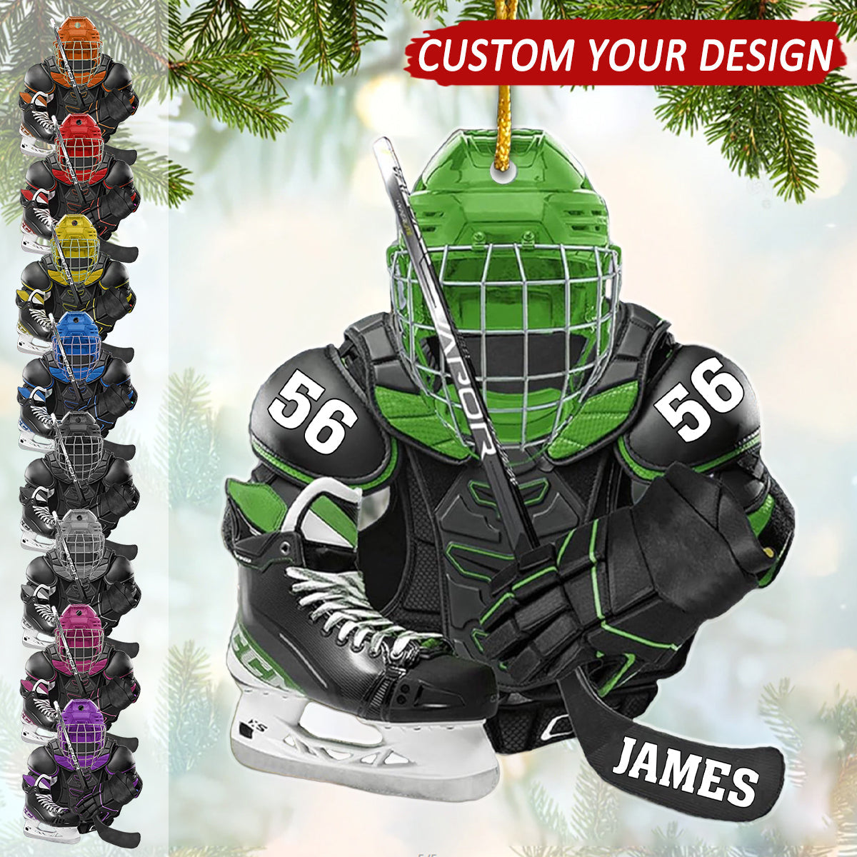 Hockey Skates Helmet and Stick Personalized Christmas Ornament, Gift for Hockey Lovers