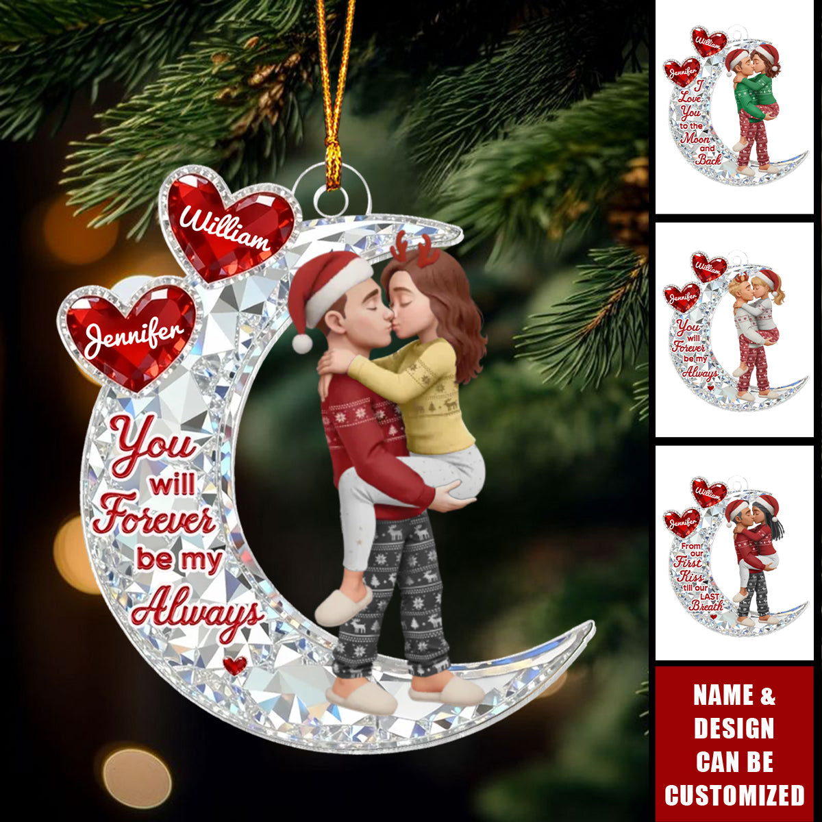 3D Crystal Effect Couple Hug On Moon - Personalized Acrylic Ornament - Gift For Couple, Gift For Him, For Her