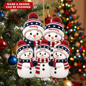 Patriotic Snowman Family Personalized Acrylic Ornament - Custom Christmas Keepsake