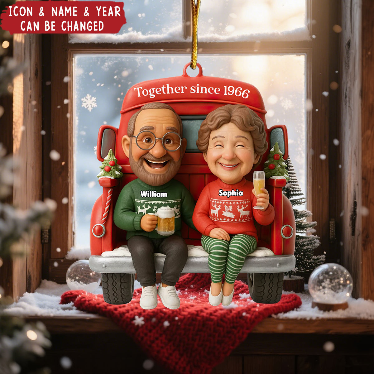 Old Couple Sitting on Christmas Truck - Personalized Acrylic Ornament