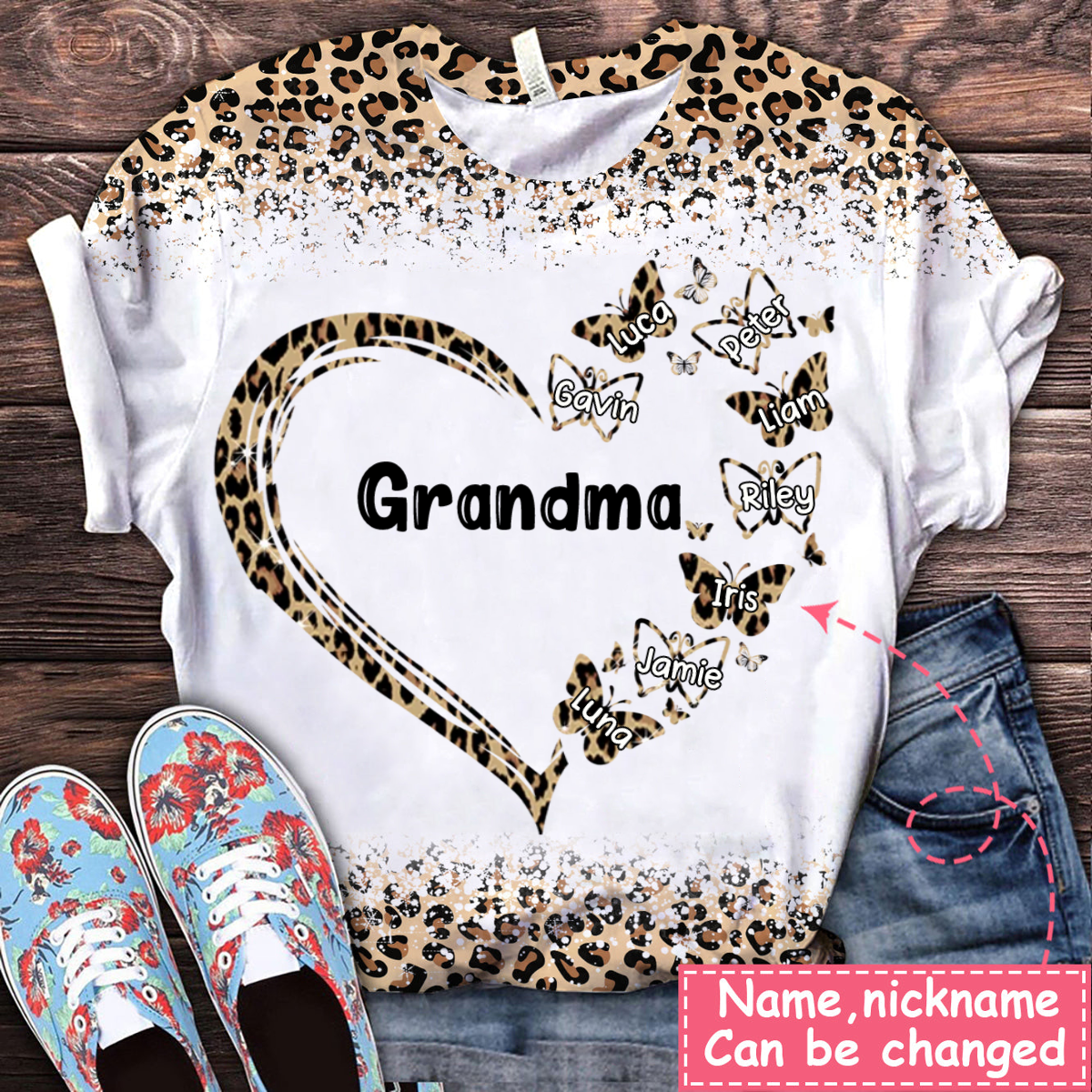 Personalized Grandma Mom Butterfly Heart Leopard T-shirt