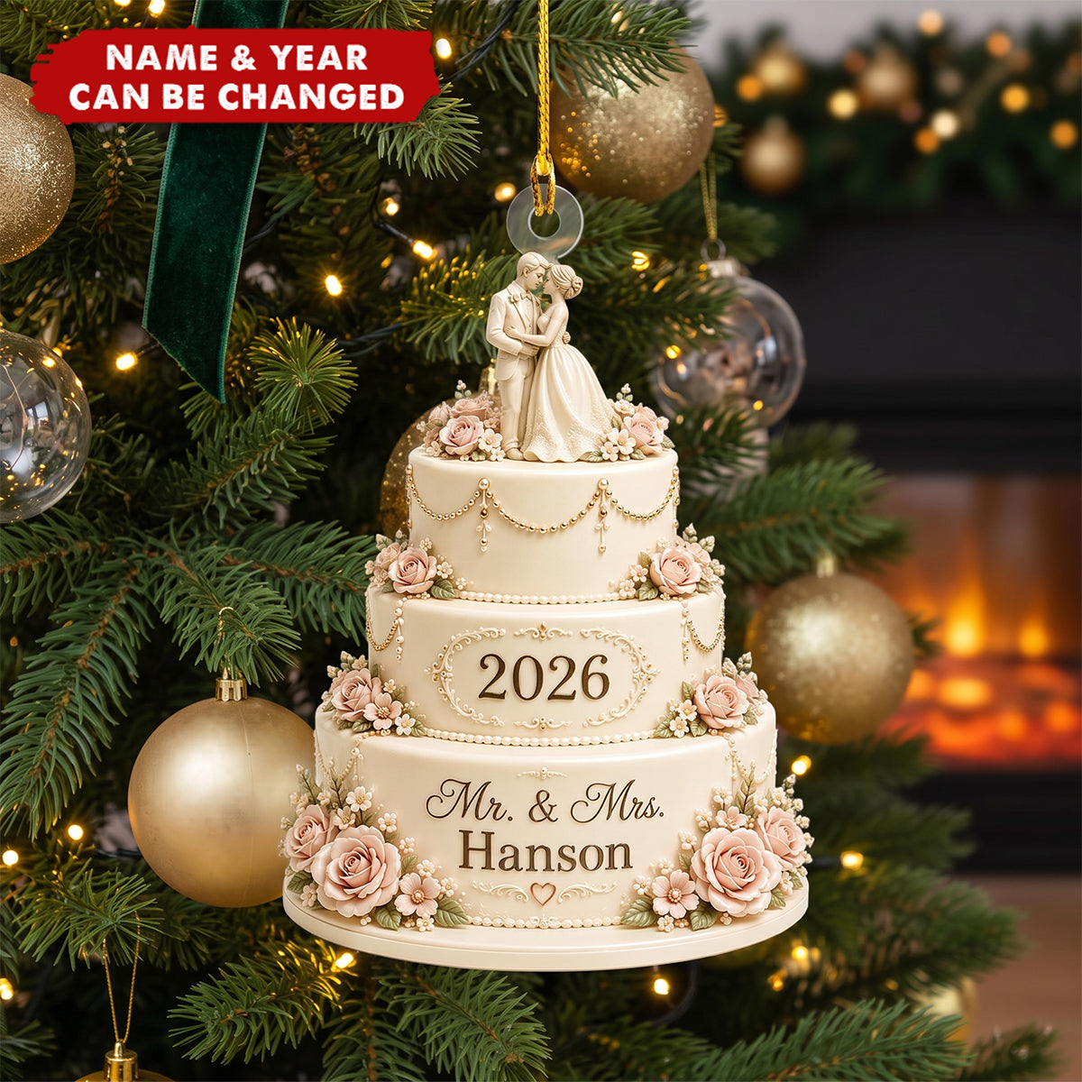 Personalized Wedding Cake Ornament, Custom Mr. & Mrs. Gift, 2026 Keepsake Decor
