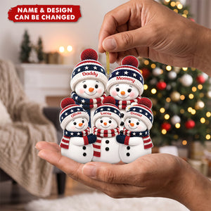 Patriotic Snowman Family Personalized Acrylic Ornament - Custom Christmas Keepsake