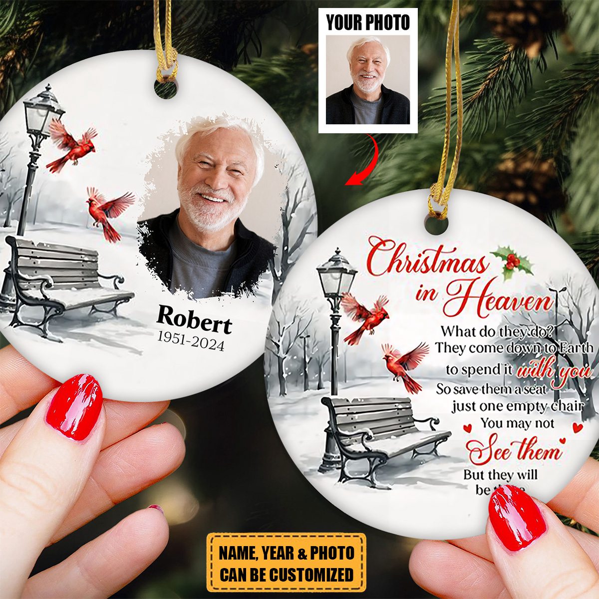 Memorial Christmas In Heaven - Personalized Two-Sided Ceramic Photo Ornament