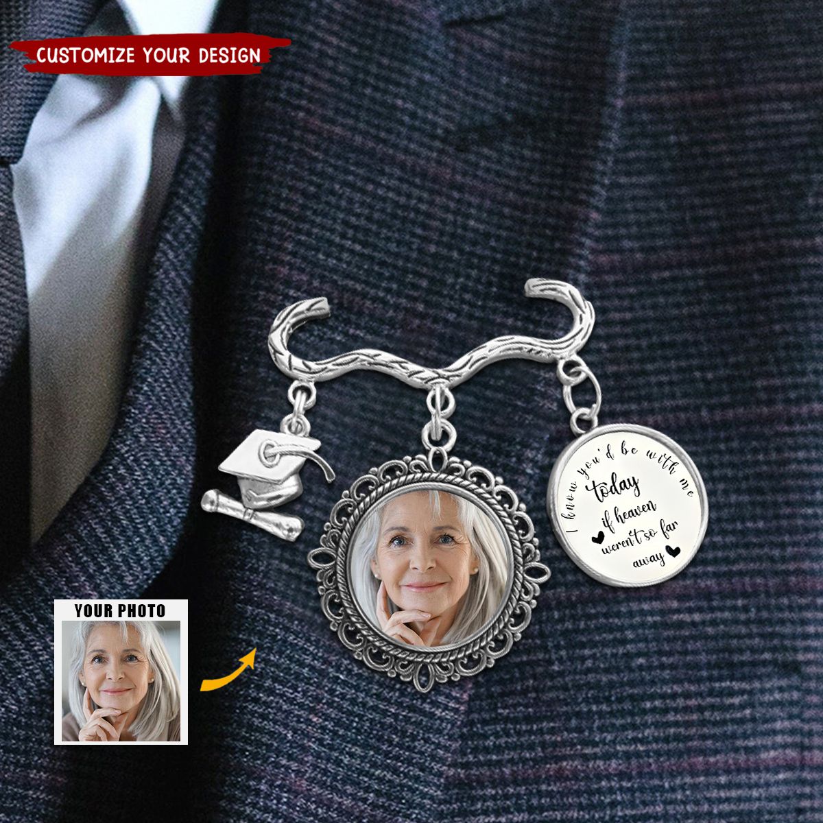 Personalized Antique Graduation Cap Memorial Tassel Brooch Pin with Photo Charm Grad Ceremony Sympathy Gift