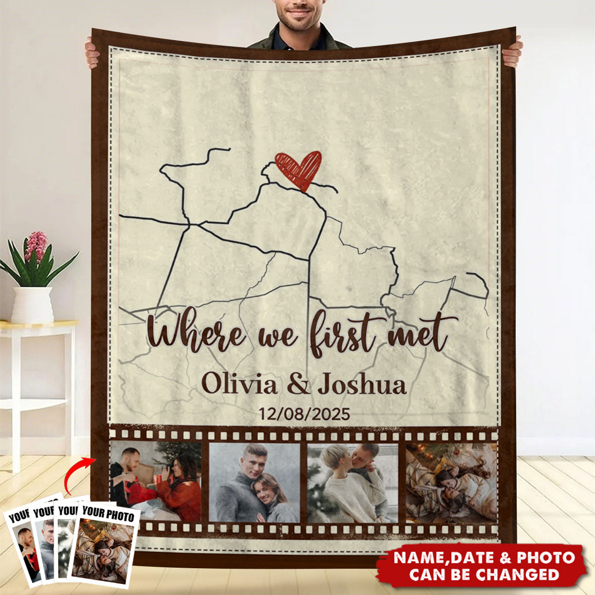Custom Where We First Met Map Art Blanket With Photo, Anniversary Gifts for Boyfriend, ValentinesBlanket Gift for Him Her