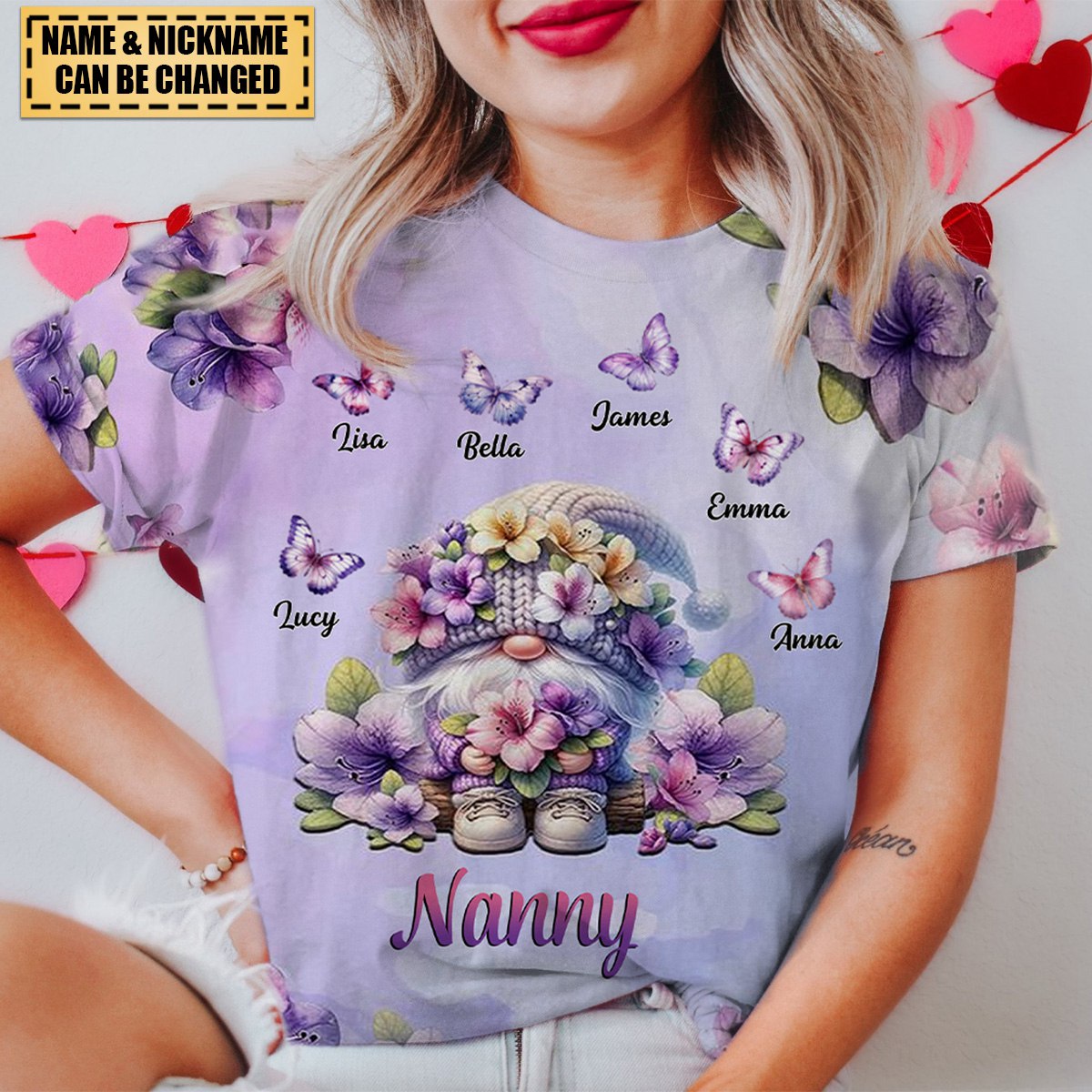 Grandma Dwarf With Purple Flowers And Butterflies Personalized 3D T-Shirt
