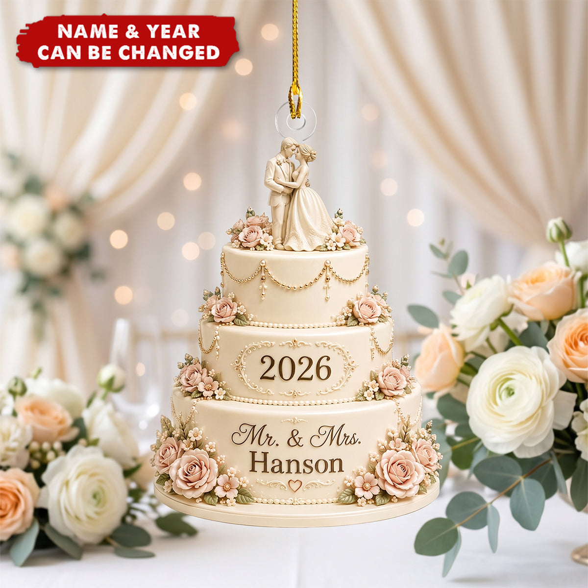 Personalized Wedding Cake Ornament, Custom Mr. & Mrs. Gift, 2026 Keepsake Decor