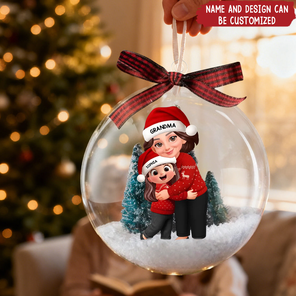 Christmas Grandma Hugging Grandkid - Personalized Snow Ornament