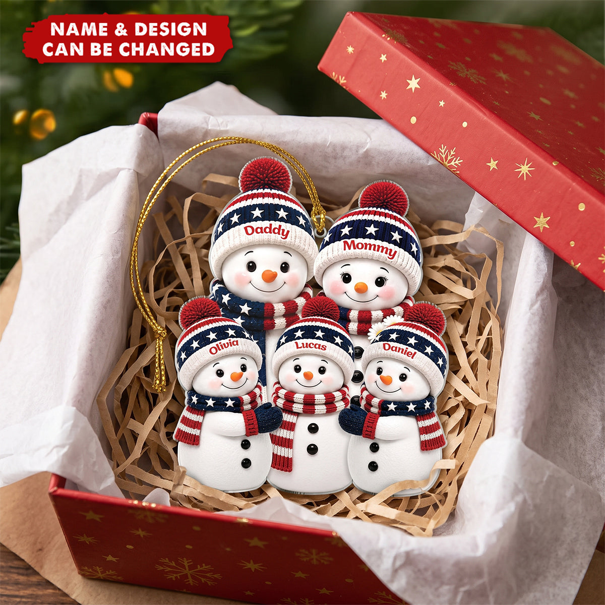 Patriotic Snowman Family Personalized Acrylic Ornament - Custom Christmas Keepsake