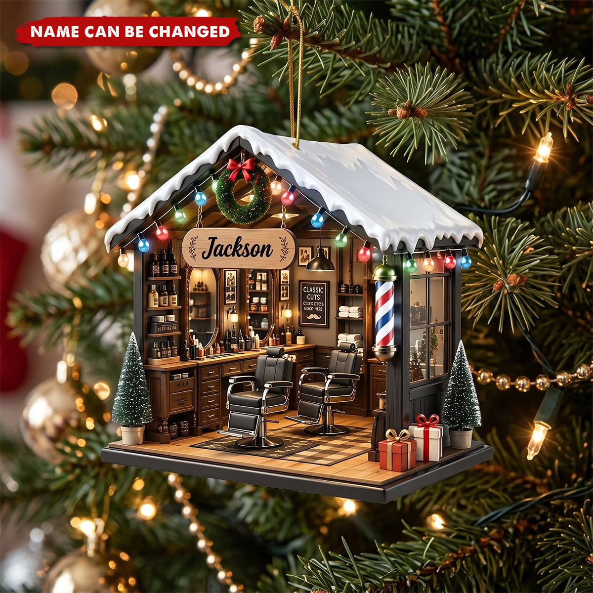 Personalized Barber Shop Ornament, Custom Name Acrylic Flat Ornament, Barbershop Christmas Gift, Custom Barber Name Sign