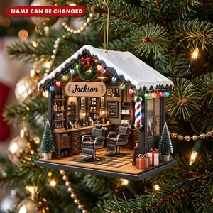 Personalized Barber Shop Ornament, Custom Name Acrylic Flat Ornament, Barbershop Christmas Gift, Custom Barber Name Sign