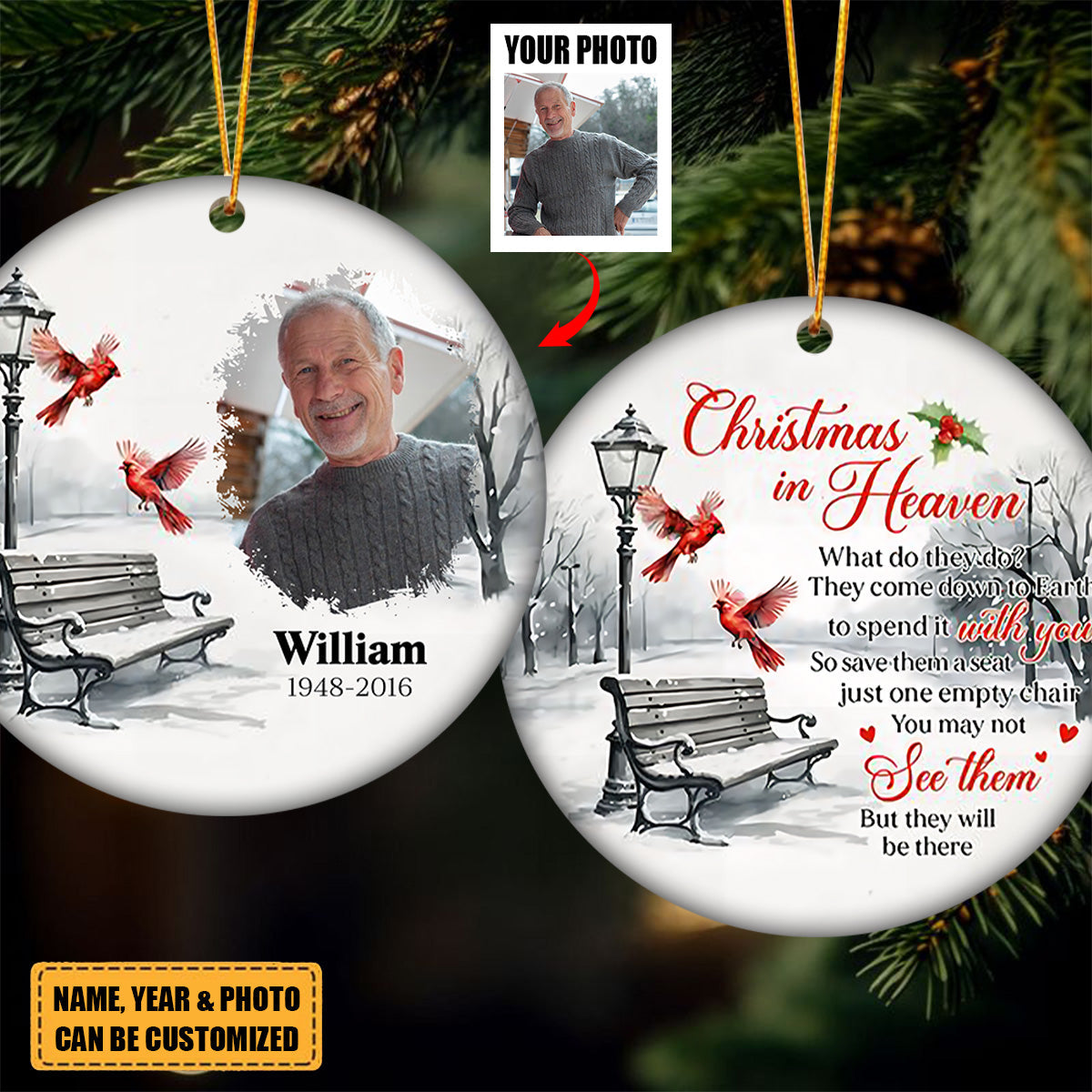 Memorial Christmas In Heaven - Personalized Two-Sided Ceramic Photo Ornament